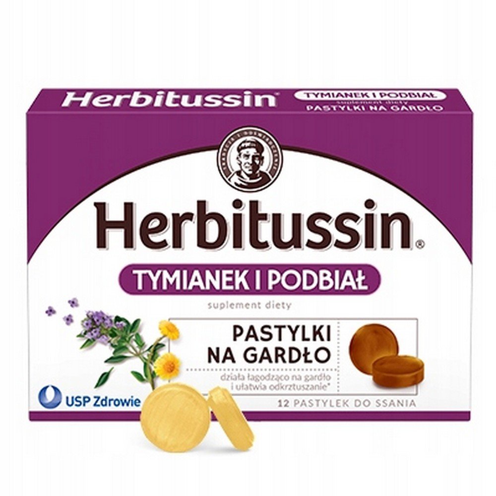 dietary supplement herbitussin thyme and coltsfoot 12suplement diety herbitussin tymianek i podbial 12 USP Zdrowie Herbitussin Thyme and Coltsfoot Dietary Supplement 12 pcs